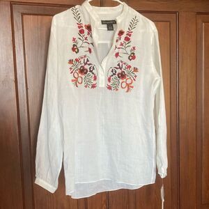 Bloomingdale’s Now New 100% Ramie embroidered Floral White Tunic Shirt Sz S $138